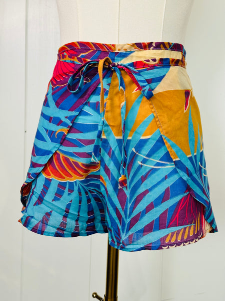 Vintage 70s Blue Tropical Butterfly Wrap Shorts